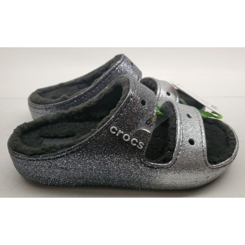 Crocs Classic Cozzzy Glitter Sandals Faux Fur Womens 12M Black/Silver Unisex EUC